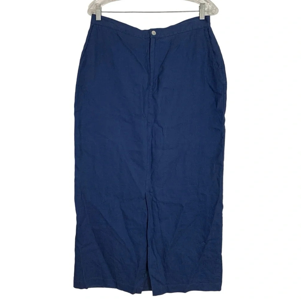 VTG 100% Linen Blue  MIDI Skirt Size 14 Pocket Flap Lined SOMEWHERE Minimalist